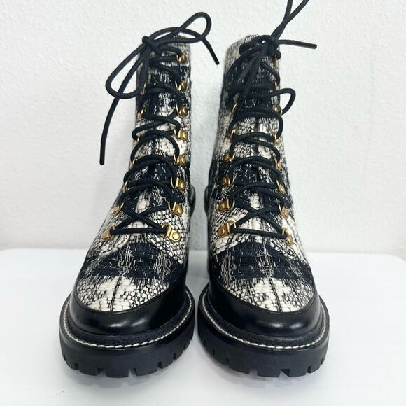 Tory Burch Miller Lug Sole Lace Up Boots Size 7 Tweed Wool Booties - Picture 2 of 6